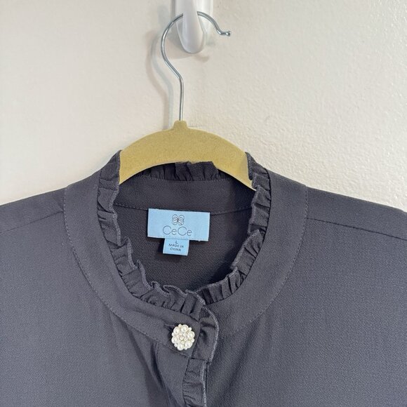 NWT Cece Tank Top Blouse Black L Ruffle Neckline Gem Rhinestone Button Holiday - Picture 3 of 7